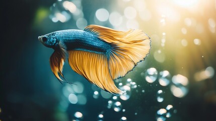 Poster - Colorful Betta Fish Swimming in Clear Water with Bubbles Nearby
