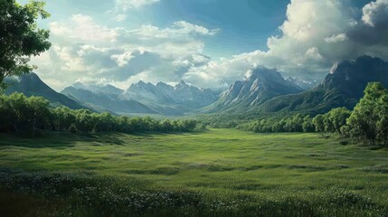 Poster - Serene mountain valley landscape with lush green meadows and forests under a partly cloudy sky.
