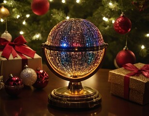 Wall Mural - A golden globe with colorful lights surrounded by festive decorations, capturing a warm holiday ambiance.