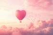 © Kristian - Romantic hot air balloon in heart shape with flying hearts and clouds on pink gradient.