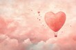 © Kristian - Romantic hot air balloon in heart shape with flying hearts and clouds on pink gradient.
