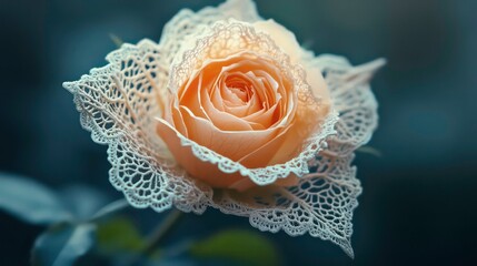 Poster - Close-up of a peach rose adorned with delicate white lace.