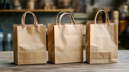 Wall Mural - three brown paper bags sitting on a table