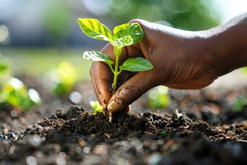 close-up shot of an african american person's hand planting a sapling in the soil, symbolizing the b