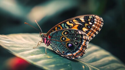 Aufkleber - Close-up of Vibrant Butterfly Perched on Leaf in Nature Scene