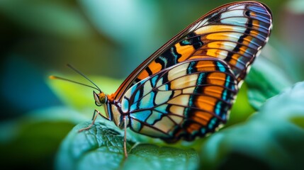 Aufkleber - Colorful Butterfly with Vibrant Orange and Blue Patterns on Leaf