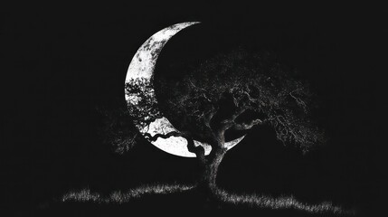 Poster - Crescent moon shining behind a silhouetted tree at night.