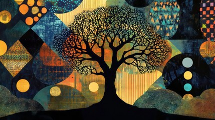 Poster - Silhouette of a large tree against a colorful abstract background.