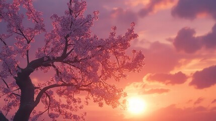 Poster - Pink cherry blossom tree at sunset.