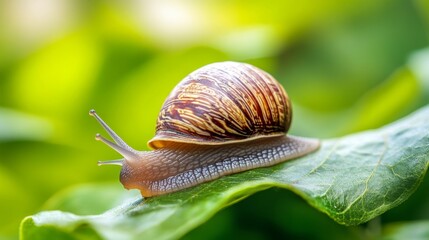 Poster - Close-Up of a Snail on a Green Leaf with Blurred Background