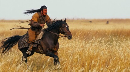 Poster - Mongolian man riding a horse across a vast steppe.