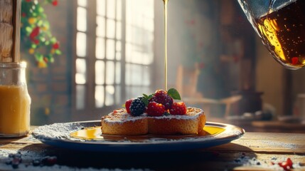 Wall Mural - Delicious Breakfast Scene with Pancakes and Fresh Berries Drizzled