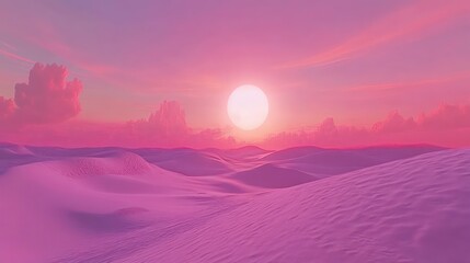 Poster - Pink sunset over surreal desert landscape with soft sand dunes and fluffy clouds.