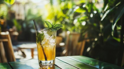 Poster - Refreshing Cocktail with Mint and Lime in Tropical Garden Setting
