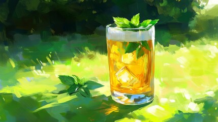 Poster - Refreshing Beverage with Mint Leaves in Sunlit Outdoor Setting