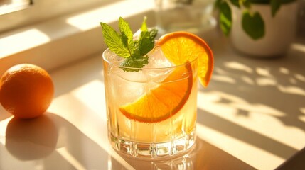 Poster - Refreshing Citrus Cocktail with Ice and Mint in Soft Lighting