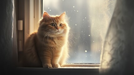 Poster - Charming Golden Cat Seated by Window in Soft Morning Light