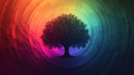 Poster - Silhouette of a tree in a vibrant, colorful, circular abstract background.