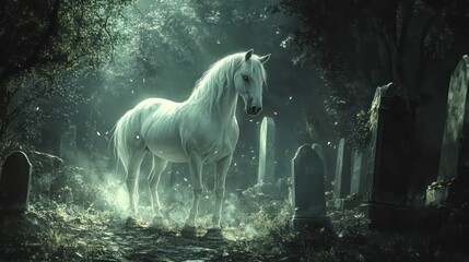 Poster - White horse standing in a mystical, dimly lit graveyard amongst tombstones and trees.