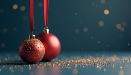 Wall Mural - Merry Christmas and Happy New Year banner. Realistic 3d design Elegant Christmas glass ornaments hanging on ribbon, golden confetti on dark blue background. Xmas two bauble balls. Vector illustration