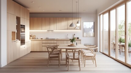 Poster - Modern Kitchen Interior with Wooden Cabinets and Dining Setup
