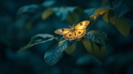 Poster - Vibrant Golden Butterfly Perched on Green Leaves in Soft Light