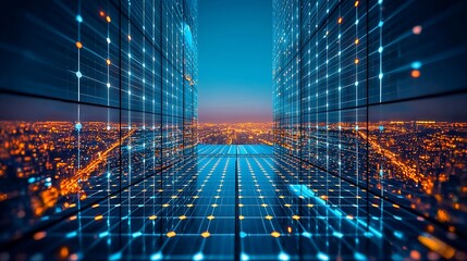 Aufkleber - Futuristic Cityscape Illuminated by Network Grids