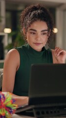 Poster - Office, woman and happy with laptop at night on internet for research on headline story and article as journalist. Female person, employee and smile with deadline submission for news publication