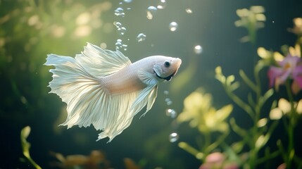 Poster - Elegant White Betta Fish Swimming Among Aquatic Plants in Aquarium