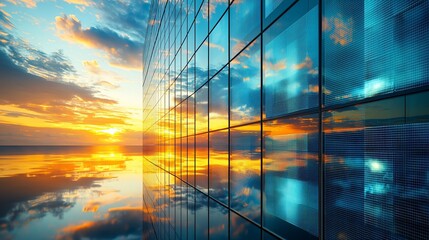 Poster - Modern glass building reflecting sunset sky and water