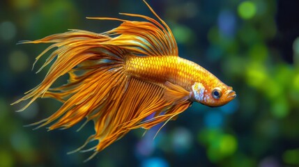 Poster - Vibrant Orange Betta Fish Swimming in Colorful Aquarium Environment