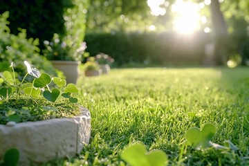 Wall Mural - A serene garden scene with sunlight illuminating lush green grass.