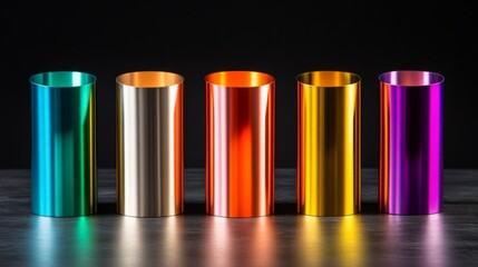 Poster - Colorful Cylinders in a Row on a Dark Background with Reflections