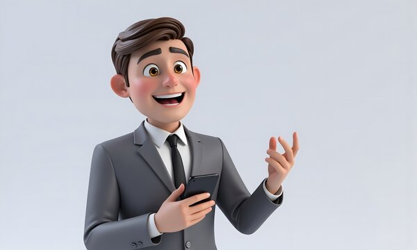 Smiling Cartoon Businessman Using Smartphone