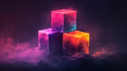 Poster - Colorful Glowing Cubes in a Mystical Dark Environment with Smoke