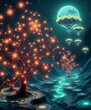 © Taria Technology - Cybernetic Night Glow: Bioluminescent Tree & Hot Air Balloons - 4:5 Aspect Ratio