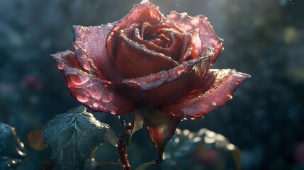 Poster - Close-up of a single, dark red rose with water droplets, illuminated by sunlight.