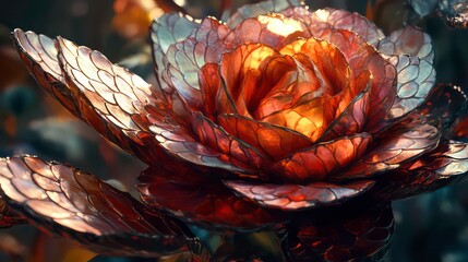 Poster - Close-up of a vibrant, metallic-looking rose with intricate details, illuminated by warm light.