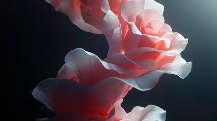 Poster - Close-up of delicate, light pink rose petals spiraling upwards against a dark background, illuminated by soft light.
