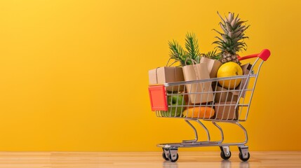 Canvas Print - Shopping cart filled with fresh produce on yellow background