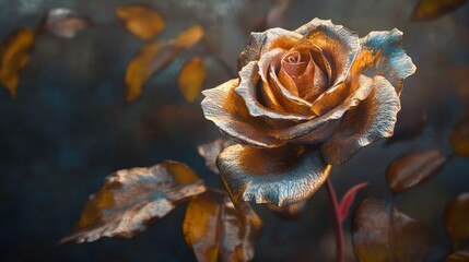 Poster - Close-up of a metallic gold rose with textured leaves.