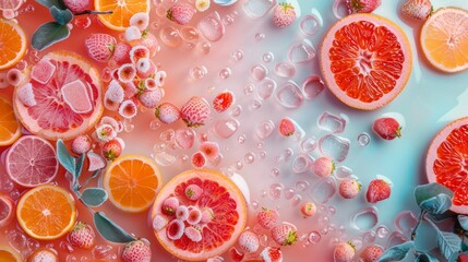 Wall Mural - Citrus fruit slices and bubbles in a vibrant composition