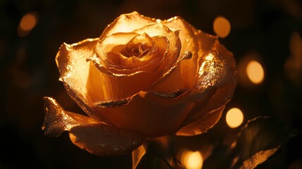 Poster - Golden rose flower with bokeh lights in dark background.