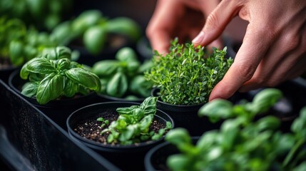 Growing herbs indoors with hands tending to basil and thyme in planters on a sunny day