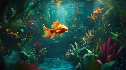 Poster - Vibrant Goldfish Swimming in a Colorful Underwater Garden Scene