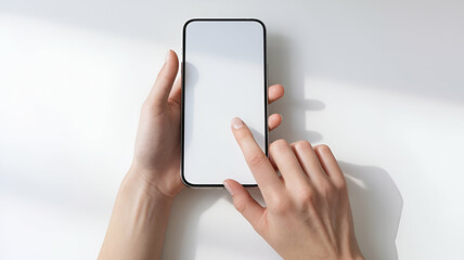 mobile smartphone screen mock up, white smartphone display mockup in hand with finger tapping, point