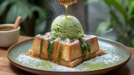 Wall Mural - Delicious Matcha Ice Cream Topped Belgian Waffle with Honey Drizzle