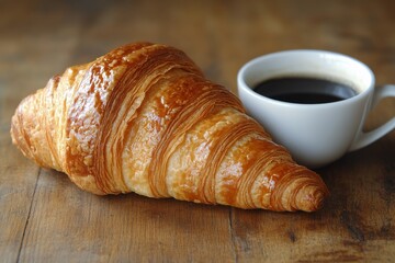 Wall Mural - Morning coffee and croissant by the window with fresh flowers in a cozy setting