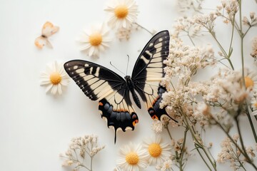 Wall Mural - Colorful butterfly rests on a bed of daisies surrounded by delicate flowers in a tranquil setting