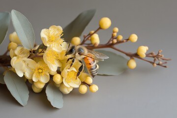 Wall Mural - Close-up of a bee pollinating yellow flowers on a branch against a neutral background